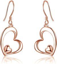 wholesale 925 Sterling Silver Rose Gold Plated Double Heart Dangle Drop Earrings - Valentine's Day Gift for Her-women