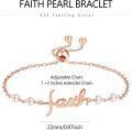 wholesale 925 Sterling Silver Plated Rose Gold Metal Freshwater Pearl Faith Cross Adjustable Bracelet for Women - Dainty Double Chain Christian -0-4