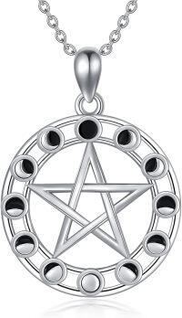 wholesale 925 Sterling Silver Abalone Shell Moon Phases Pentagram Pendant Necklace-Silver
