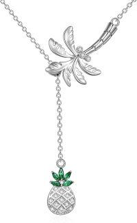 wholesale 925 Sterling Silver Dragonfly & Pineapple Lariat Necklace with Green CZ Stones - Gifts for Her-Silver pineapple y-necklace