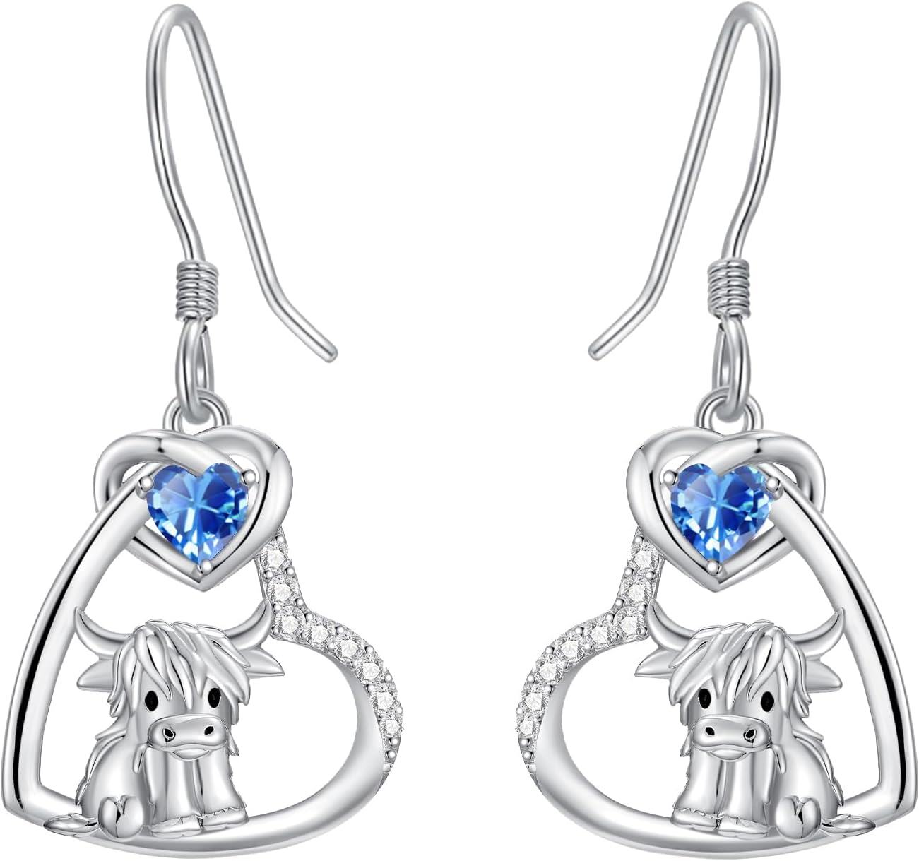 Sterling Silver Birthstone Highland Cow Dangle Earrings Scotland Western Gift-12-Dec-Topaz