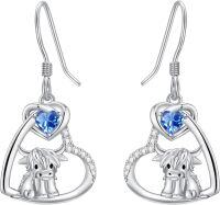 wholesale 925 Sterling Silver Birthstone Highland Cow Dangle Earrings Scotland Western Gift-12-Dec-Topaz