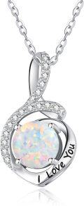 wholesale S925 Sterling Silver & 18K White Gold Plated Opal Pendant Necklace with I Love You Engraved, 8mm Stone, 18+2 Chain, Romantic Gift for Women-0-0