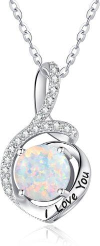 wholesale S925 Sterling Silver & 18K White Gold Plated Opal Pendant Necklace with I Love You Engraved, 8mm Stone, 18+2 Chain, Romantic Gift for Women-Opal
