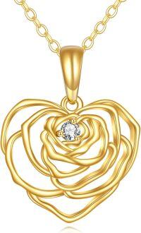 wholesale 14K Gold Diamond Natural Heart Rose Flower Pendant Necklace-A-Yellow Gold