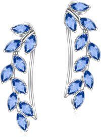wholesale Sterling Silver Austrian Crystal Leaf Ear Climbers Hypoallergenic Earrings for Sensitive Ears-Simulated Sapphire