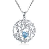 wholesale 925 Sterling Silver Heart Moonstone Tree Of Life Pendant Necklace-03-Mar-Aquamarine
