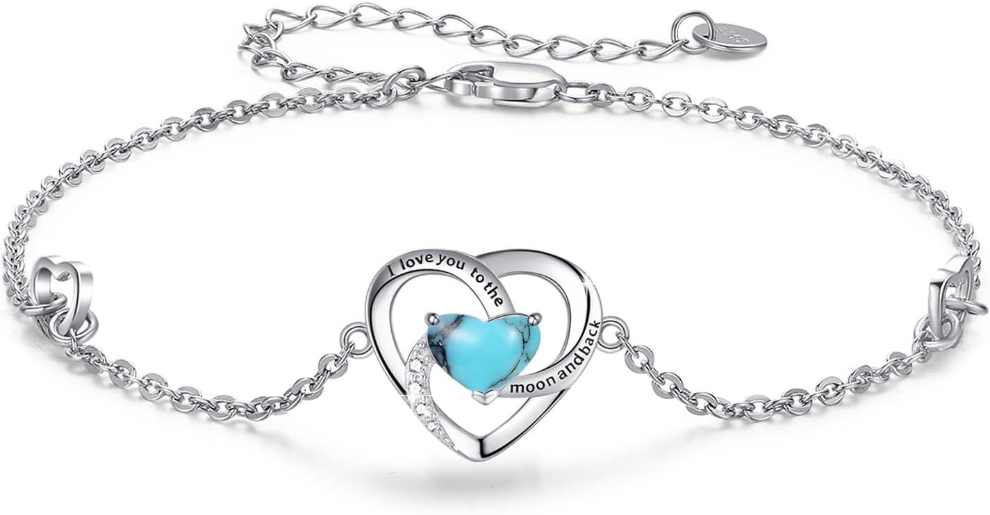 Sterling Silver Opal Turquoise Heart Bracelet I Love You to the Moon Back Adjustable Valentine s Gift for Women Girls-A02-Heart Turquoise Bracelet