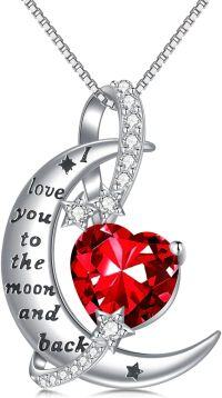 wholesale 925 Sterling Silver Birthstone Love You to the Moon Heart Necklace-01-January-Garnet