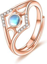 wholesale 925 Sterling Silver Moonstone White Opal Triple Moon Goddess Adjustable Ring-rose gold plated