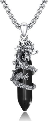 wholesale 925 Sterling Silver Obsidian Healing Crystal Dragon Pendant Necklaces for Men & Women-Dragon