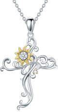 wholesale 925 Sterling Silver Floral Cross with Sunflower and Cubic Zirconia Pendant Necklace Gift for Women-0-0