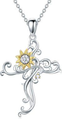 wholesale 925 Sterling Silver Floral Cross with Sunflower and Cubic Zirconia Pendant Necklace Gift for Women-Sunflower Cross
