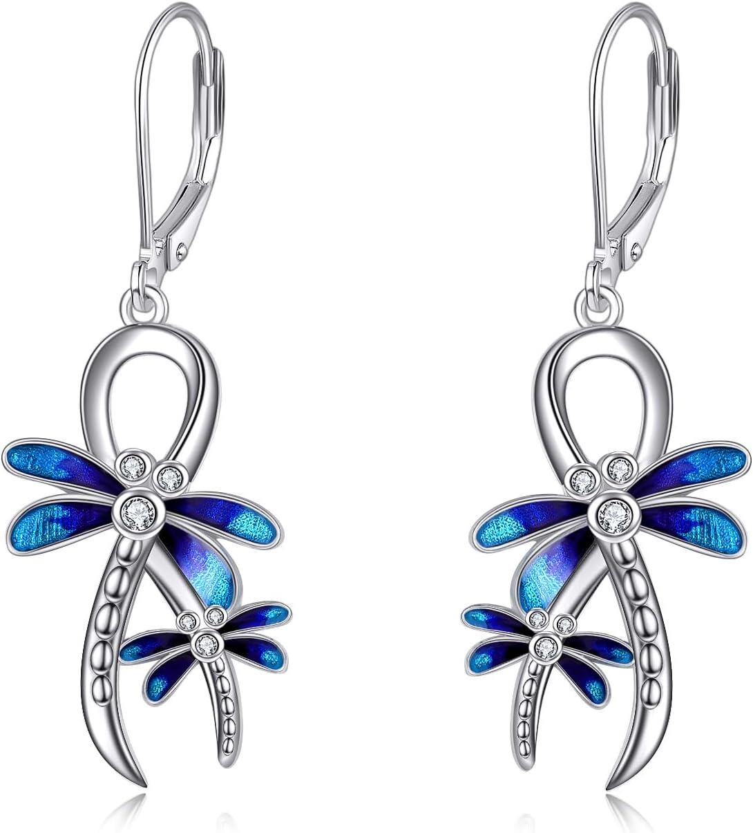 Sterling Silver Owl Dragonfly Butterfly Black Cat Hummingbird Dangle Earrings-0-1