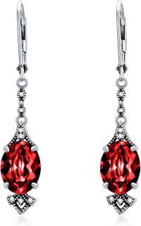 wholesale 925 Sterling Silver 9mm Oval Birthstone Vintage Leverback Dangle Drop Earrings-Garnet Red