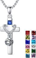 wholesale 925 Sterling Silver Basketball Cross Pendant Necklace  w/Blue Stone & I Can Do All Things Charm-0-0