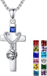 wholesale 925 Sterling Silver Basketball Cross Pendant Necklace  w/Blue Stone & I Can Do All Things Charm-07-Basketball Necklace-Personalized Birthstone-05-Cross Basketball Necklace