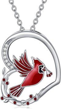 wholesale 925 Sterling Silver Red Bird in Circle Pendant Necklace for Women Girls  45cm Chain Length-Red Cardinal