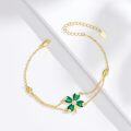 wholesale 925 Sterling Silver Green Enamel Cubic Zirconia Accent Four-Leaf Clover Chain Bracelet for Women-0-1