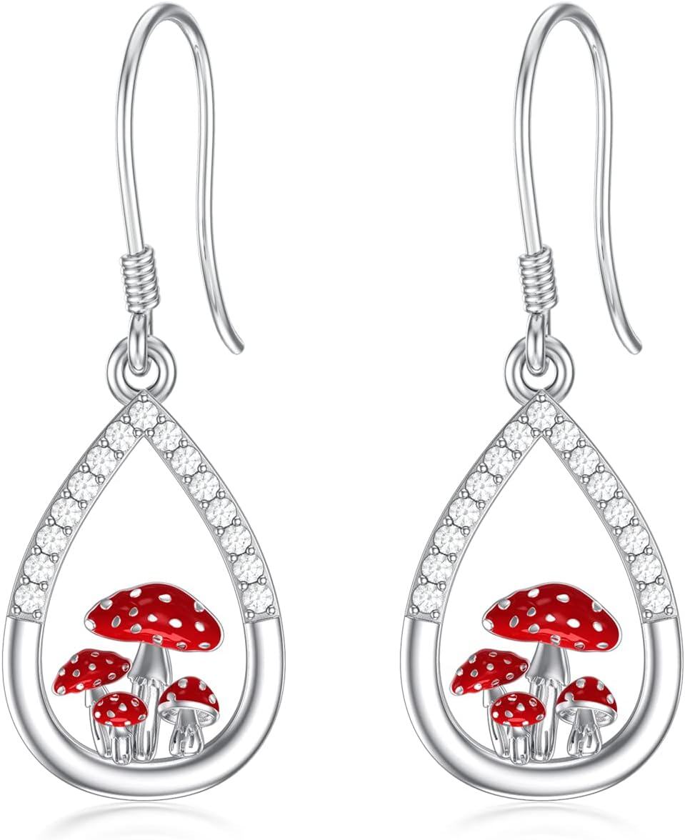 wholesale 925 Sterling Silver Red Enamel Mushroom Drop Earrings-0-0