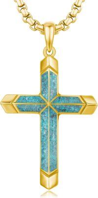 wholesale Gold 925 Sterling Silver Turquoise Inlay Cross Pendant Necklace for Men Religious s-A03 - Gold Cross with Turquoise Gravel