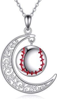 wholesale 925 Sterling Silver Baseball in Crescent Moon Pendant Necklace for Women and Girls-Softball