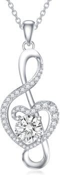 wholesale 14K White Gold Plated Sterling Silver Moissanite Diamond Music Note Heart Necklace-0-0