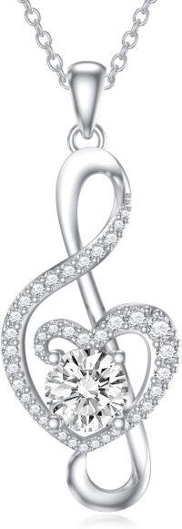 wholesale 14K White Gold Plated Sterling Silver Moissanite Diamond Music Note Heart Necklace-Treble Clef Pendant