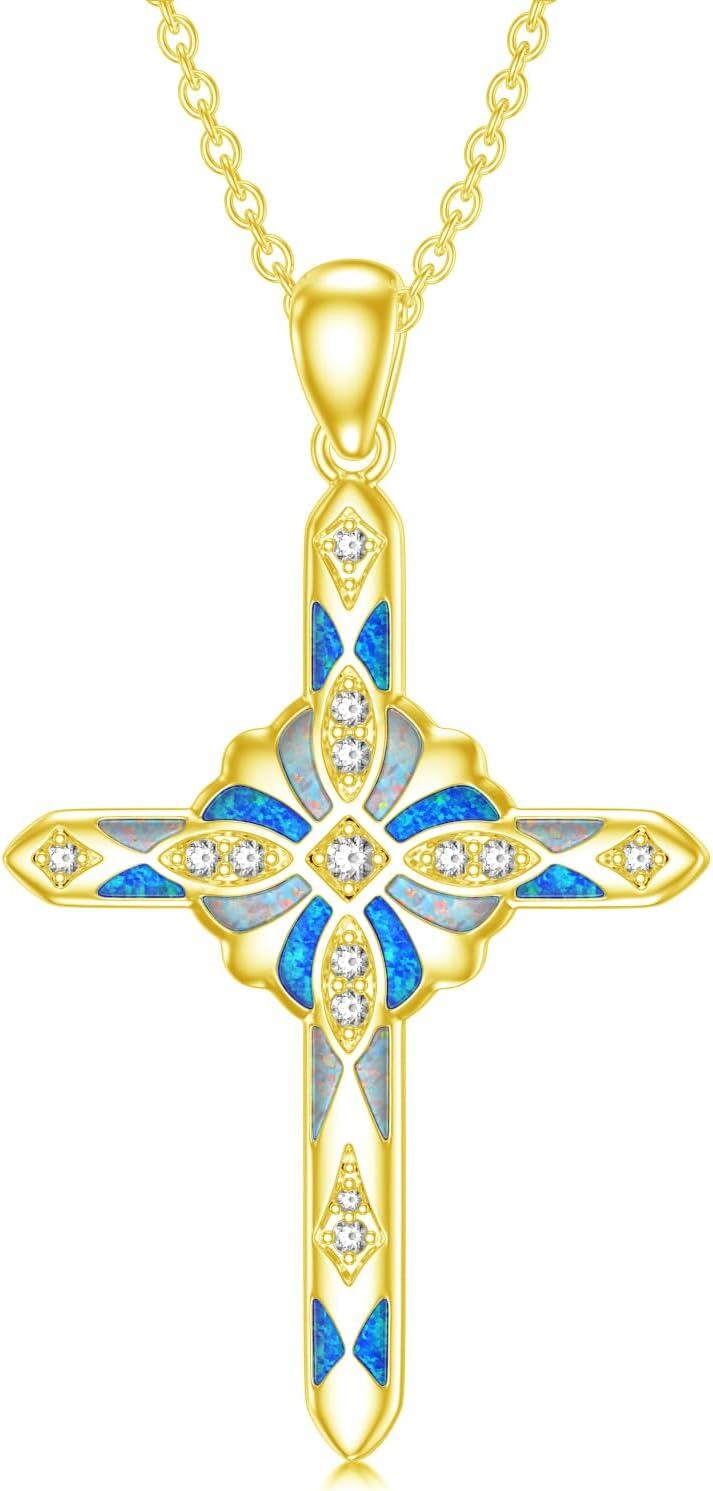 wholesale Sterling Silver Lab Grown Diamond Opal Cross Necklace for Women-Yellow