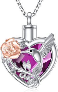 wholesale S925 Sterling Silver & Blue Crystal Hummingbird Urn Necklace, 18+2 Adjustable Chain, 9.5g Cremation Pendant, Hypoallergenic Memorial Jewelry-A-Purple Heart