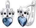 wholesale 925 Sterling Silver Heart-Shaped Paw Print Huggie Hoop Earrings with Blue Crystal for Women - Adorable Animal Lover Gift-0-0