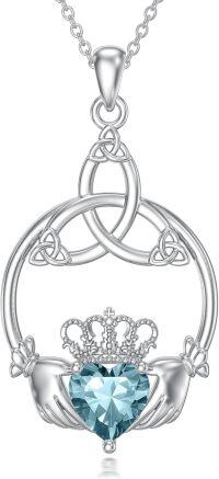 wholesale 925 Sterling Silver Celtic Claddagh Necklace with Heart Birthstones-03-March