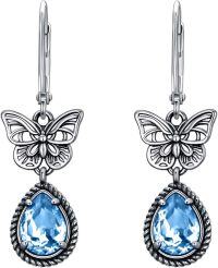 wholesale Sterling Silver Butterfly Earrings with Austrian Simulated Birthstone Crystals Vintage Retro Oxidized Dangle Drop Jewelry Gifts for Women-Aqua Blue