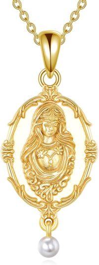 wholesale Gold 925 Sterling Silver Virgin Mary and Saint Joseph Religious Medal Necklace with Pearl Charm for Women Girls Catholic  (24 inches)-Virgin Mary