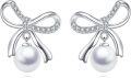 wholesale 925 Sterling Silver Bow Pearl Earrings, Elegant 16.6mm Pearl Dangle Earrings for Women-0-0