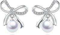 wholesale 925 Sterling Silver Bow Pearl Earrings, Elegant 16.6mm Pearl Dangle Earrings for Women-Axolotl