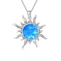 wholesale 925 Sterling Silver & Larimar Sun Charm Necklaces Wholesale – Blue Synthetic Opal Pendant, 18 Rhodium-Plated Chain, 13mm, Hypoallergenic, Gift Ready-M_Blue Opal