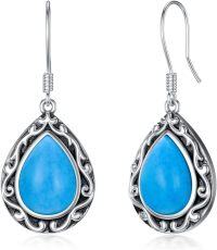 wholesale Sterling Silver Turquoise Blue Agate Teardrop Earrings for Women Western Ethnic Dangling Birthstone Jewelry Gifts-Natural Turquoise (December)