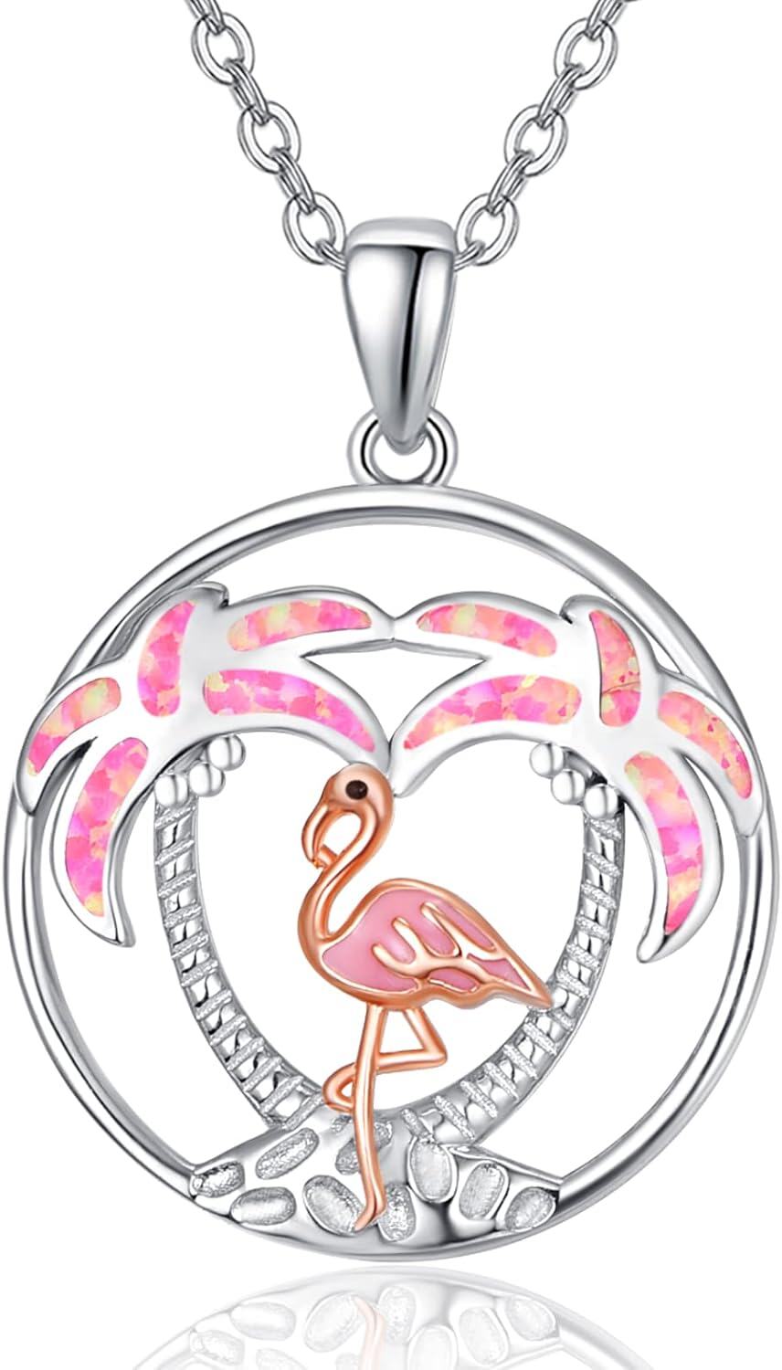 Sterling Silver Opal Pink Flamingo Pendant Necklace Palm Tree Jewelry-0-0