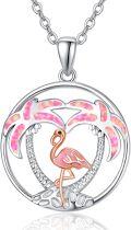 wholesale 925 Sterling Silver Pink Opal Flamingo in Heart-Shaped Palm Tree Pendant Necklace for Women Girls Gift Jewelry-0-0