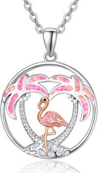 wholesale 925 Sterling Silver Pink Opal Flamingo in Heart-Shaped Palm Tree Pendant Necklace for Women Girls Gift Jewelry-03