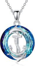 wholesale 925 Sterling Silver Blue Crystal Anchor Dolphins Pendant Necklace for Women-0-0