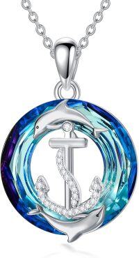 wholesale 925 Sterling Silver Blue Crystal Anchor Dolphins Pendant Necklace for Women-Dolphin