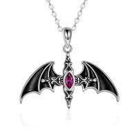 wholesale 925 Sterling Silver & Black Onyx Bat Wing Cross Pendant Necklace, Halloween Vampire Jewelry Gift for Women Men-Bat Necklace