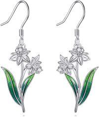 wholesale 925 Sterling Silver Purple Poppy Flower Drop Dangle Earrings with Green Leaves and CZ Stones for Women Girls -Drop-Daffodil March Earrings