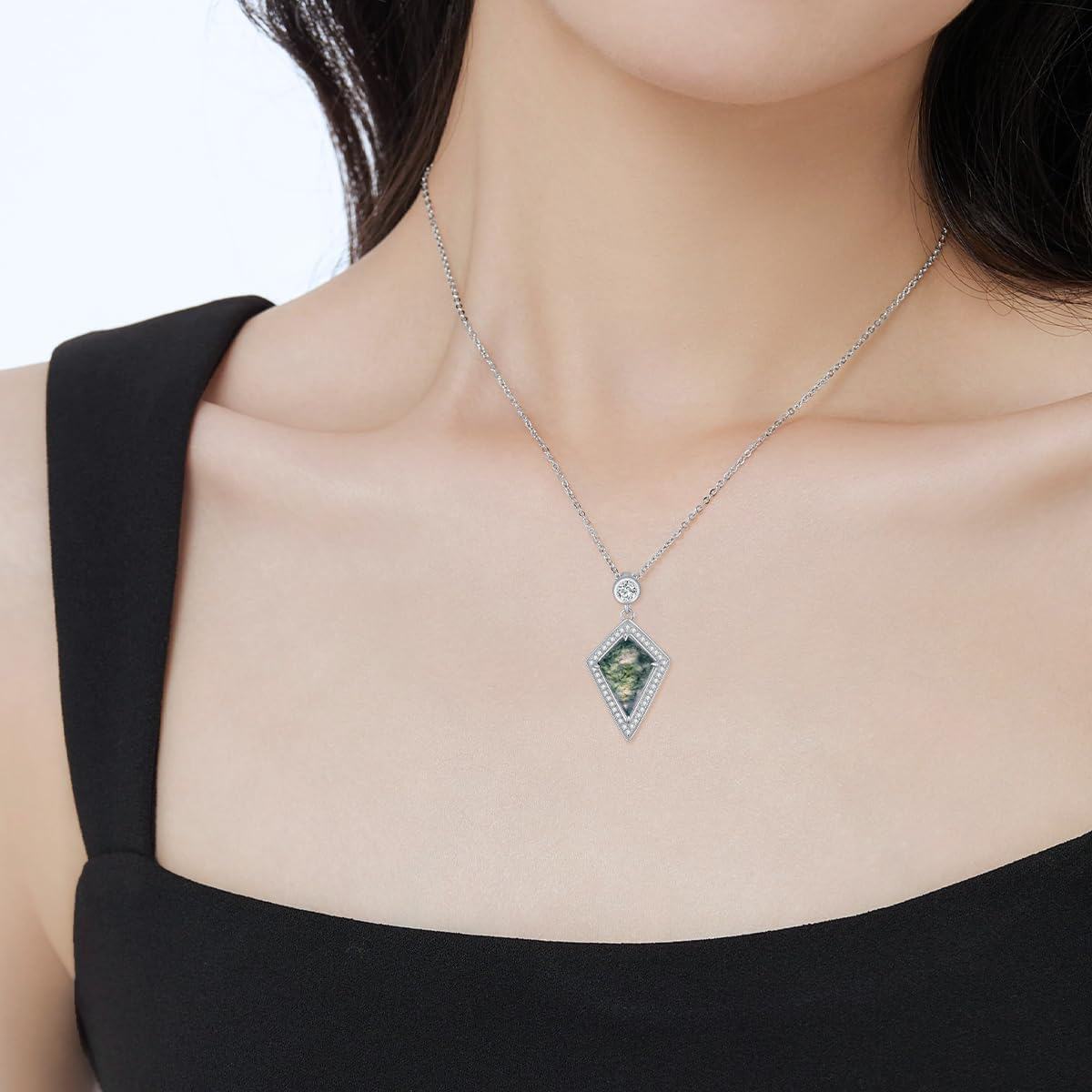 wholesale 925 Sterling Silver Green Moss Agate Cubic Zirconia Hexagon Kite Shape Pendant Necklace for Women-0-4