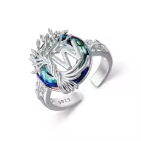 TOUPOP Sterling Silver Blue Crystal Adjustable Initial Ring For Women-undefined