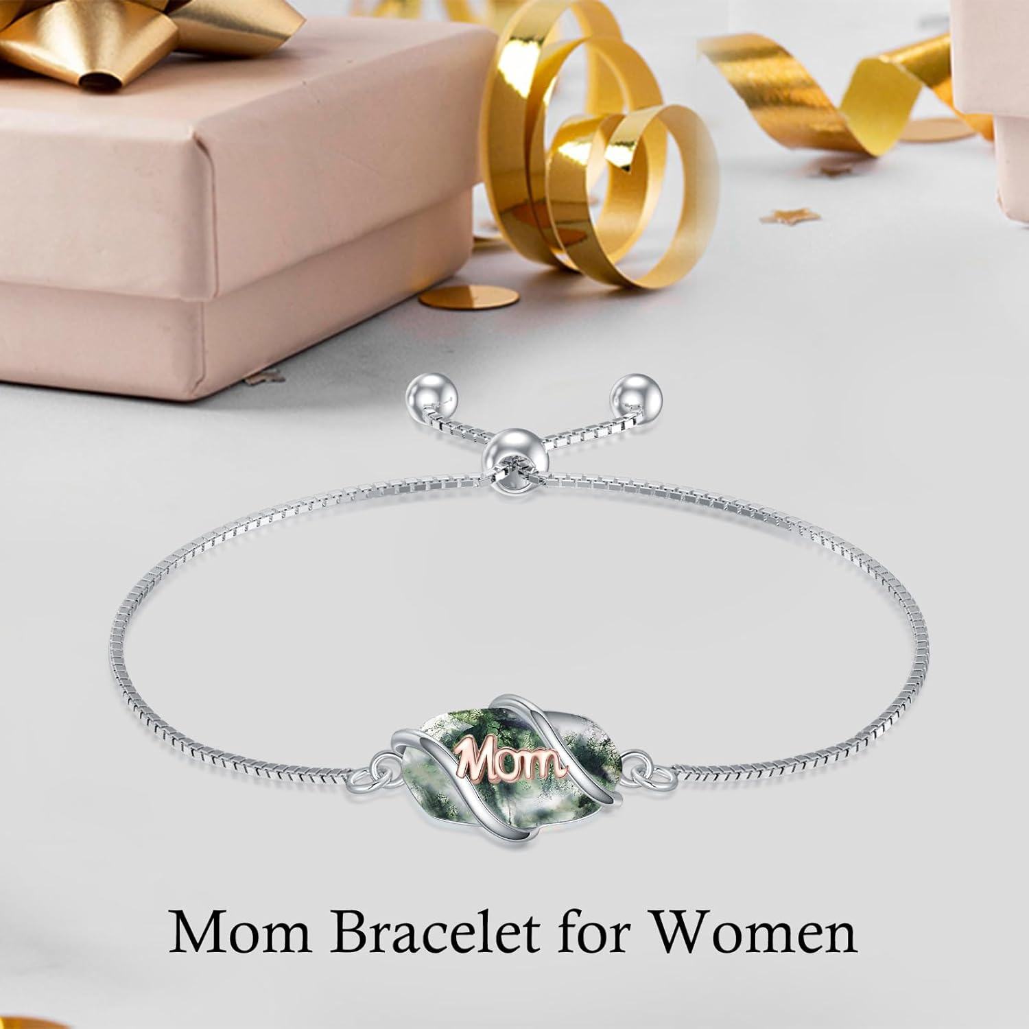 925 Sterling Silver Green Moss Agate Mom Charm Adjustable Bolo Bracelet for Women-0-3