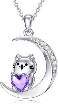 wholesale Sterling Silver Birthstone Cat Pendant Necklace for Women-02 February-Amethyst