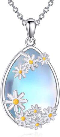 wholesale 925 Sterling Silver Teardrop Blue Opal Flower Pendant Necklace-Daisy Moonstone